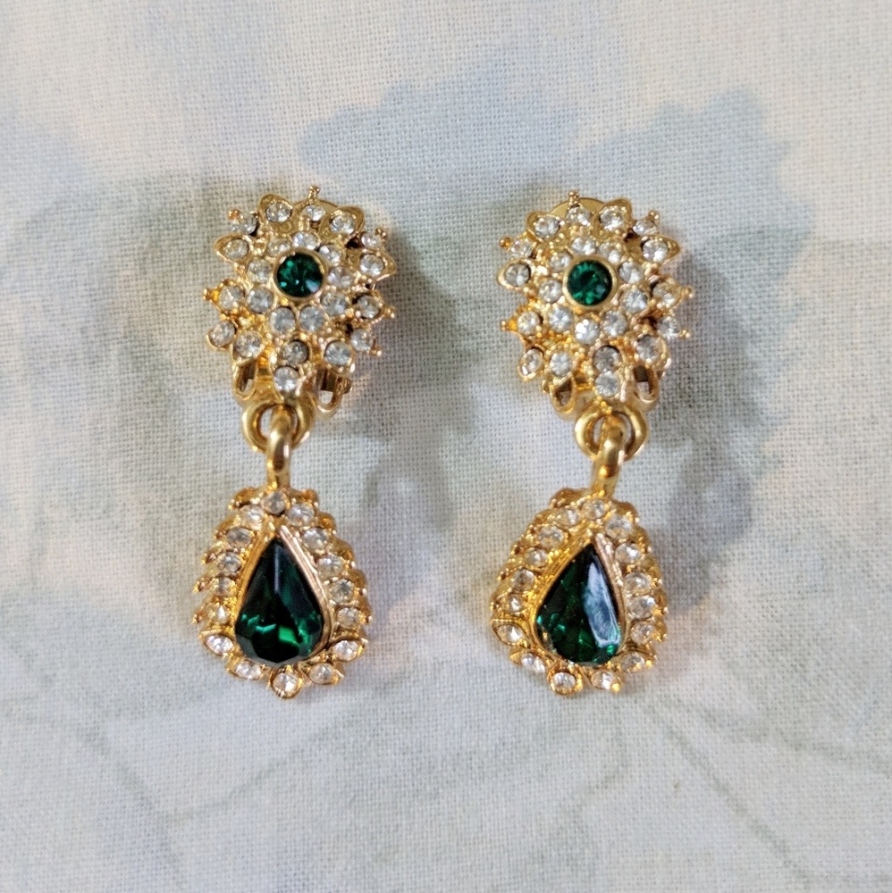 Vintage Gold and Green Clip On Earrings